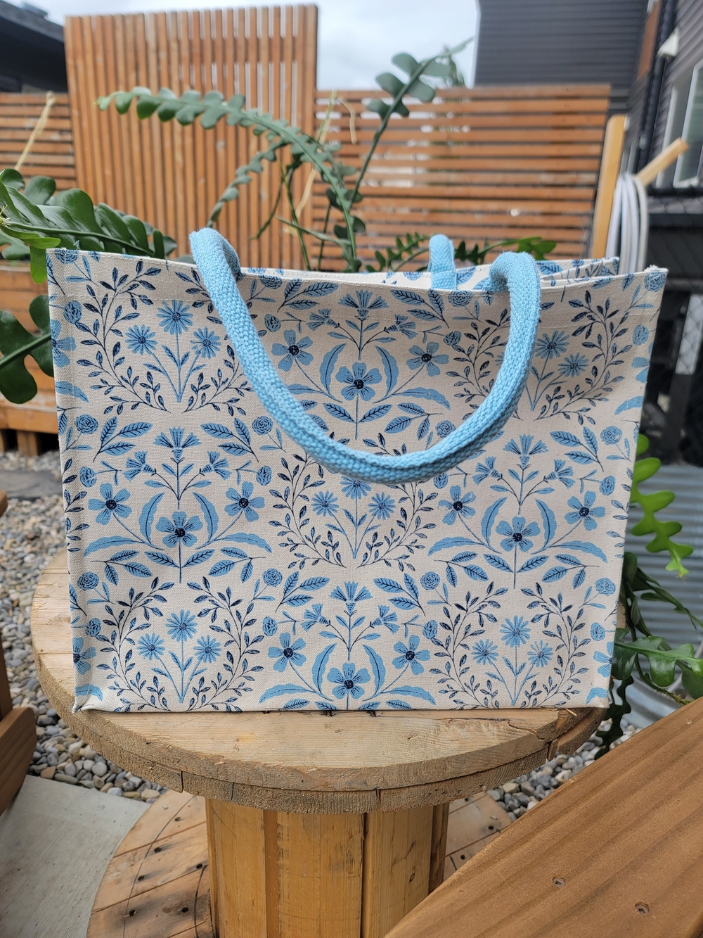 Blue‎ Floral Canvas Tote Bag with Rope Handles